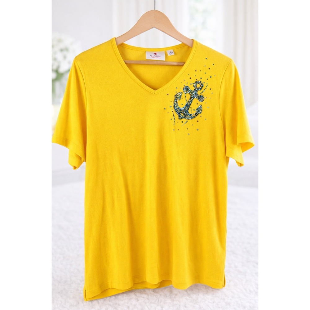 Quacker Factory Jeweled Knit Popover Top Tee T-Shirt Coastal Nautical Size L